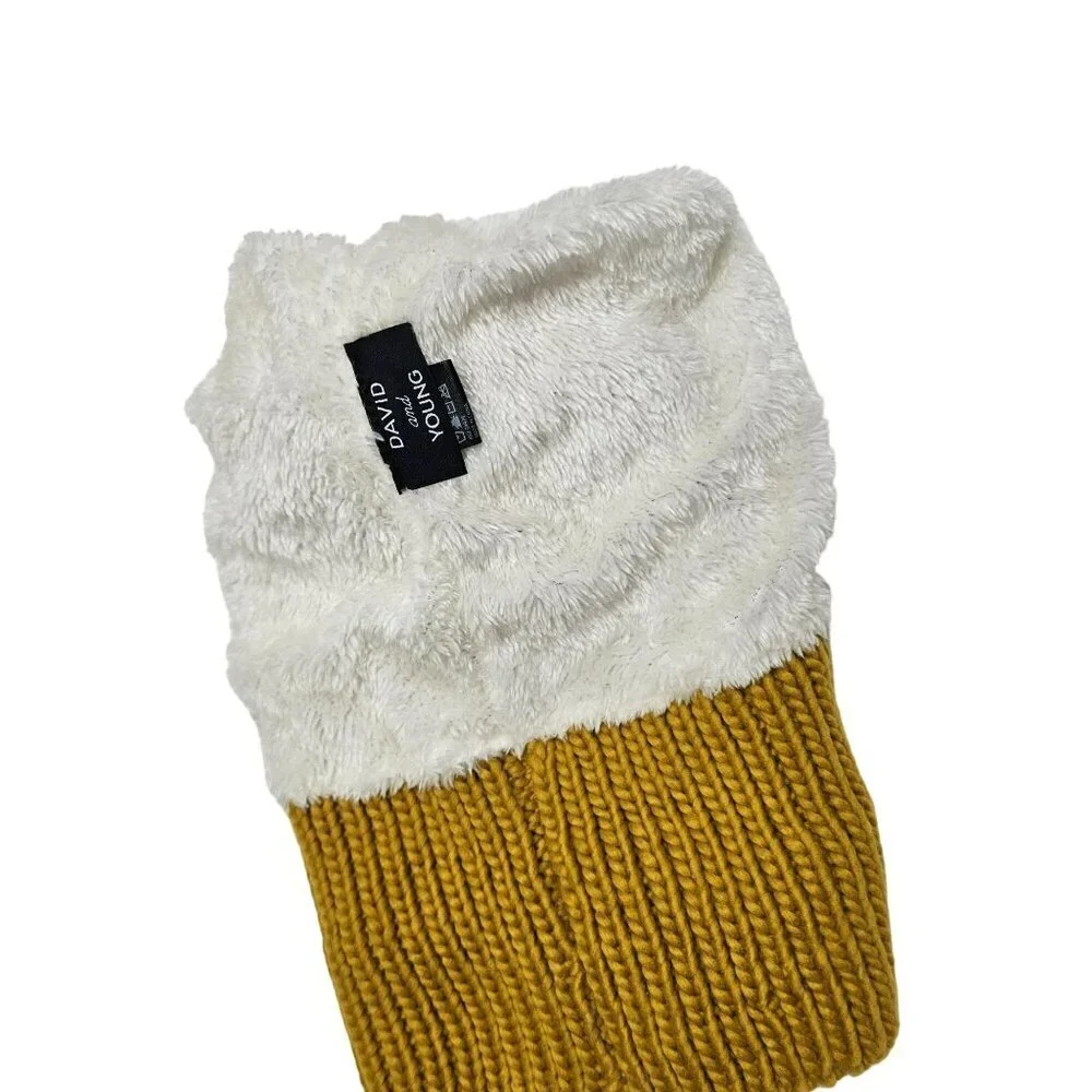 David & Young Mustard Yellow Cable‎ Knit Beanie With Faux Fur Pom & Soft Lining